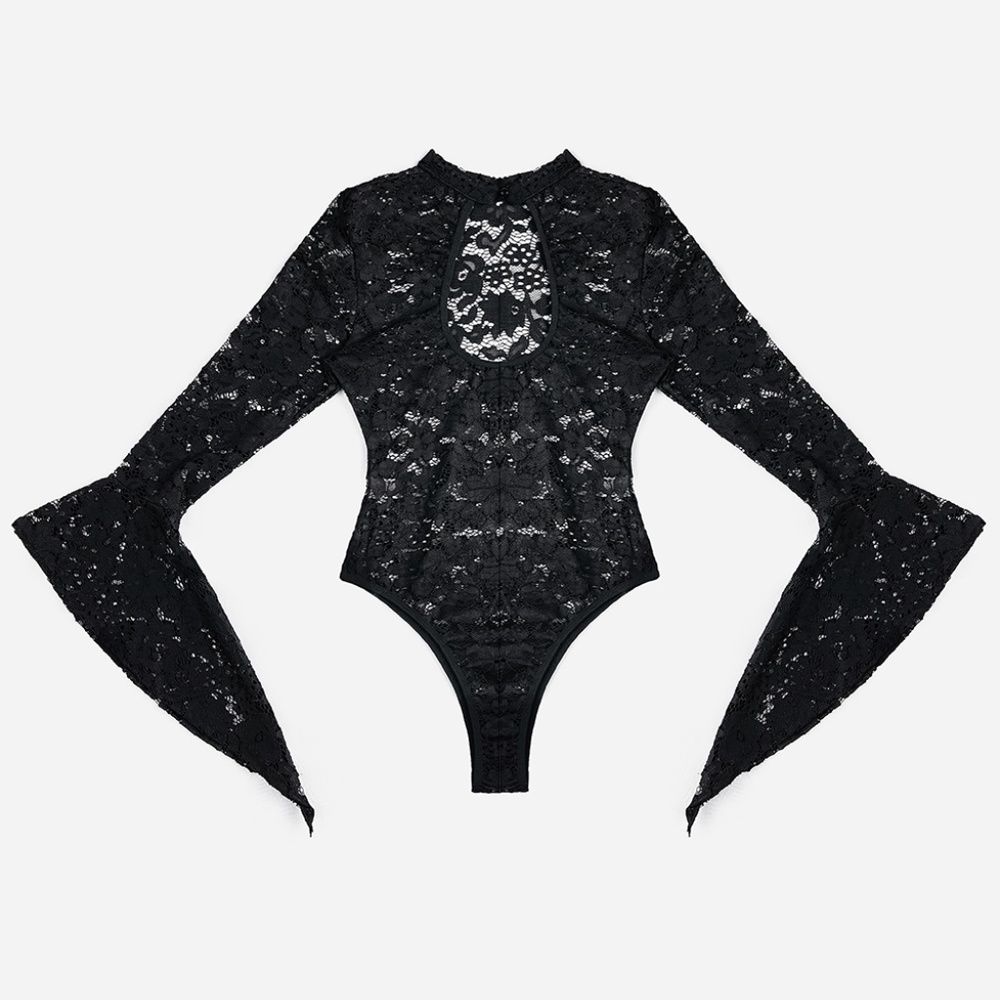 Black Sheer Floral lace Bell Sleeve Bodysuit - Picture 3 of 6